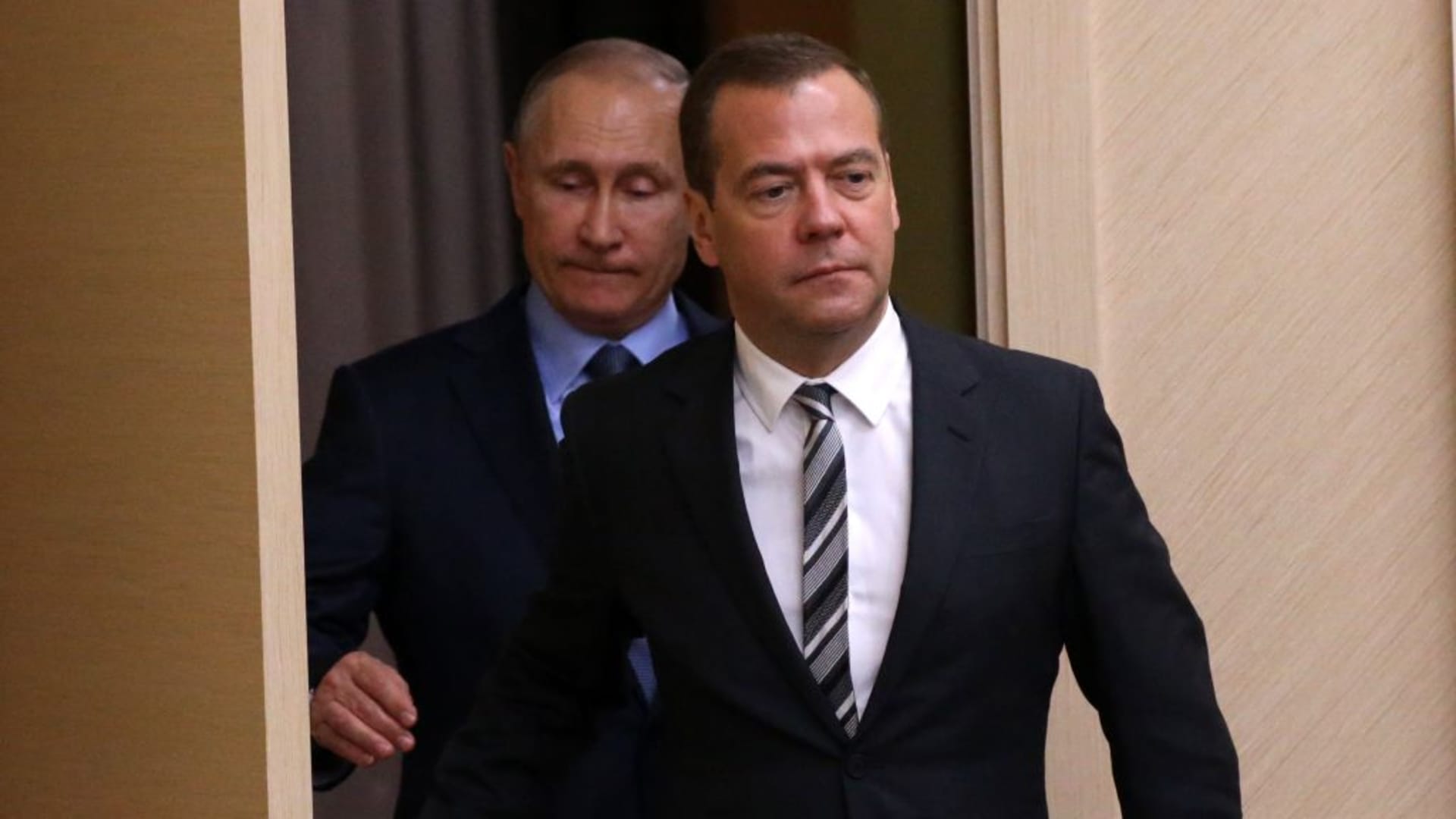 Russian and PM Dmitry Medvedev and President Vladimir Putin arrive at a meeting at Novo-Ogaryovo State Residence on July 28, 2017 outside of Moscow, Russia.