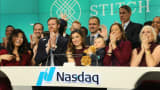 Katrina Lake, CEO of Stitch Fix and others, celebrate their IPO at the Nasdaq, November 17, 2017.