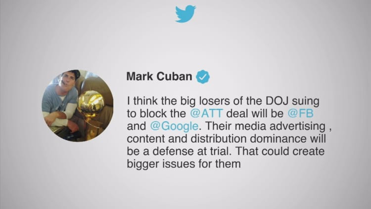 Mark Cuban says the 'big losers' of the move to block the AT&T-Time Warner merger are Facebook and Google