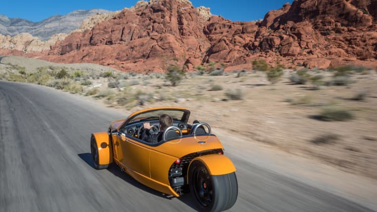 This 3-wheeled roadster is a cross between a motorcycle and a car