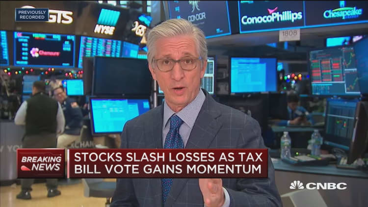 Stocks slash losses as tax bill vote gains momentum