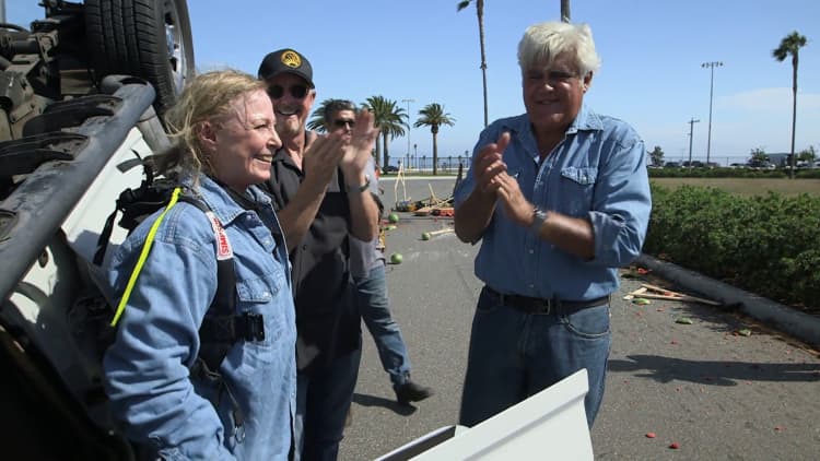 Award-winning stuntwoman Debbie Evans flips cars with Jay Leno
