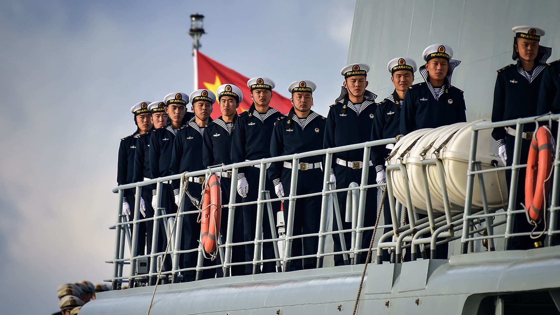 Chinese servicemen during a seeing-off ceremony for Russia's and China's warships heading to take part in the second stage of Naval Cooperation 2017, a joint Russian-Chinese military exercise in the Sea of Japan and the Sea of Okhotsk, at the 33rd mooring in Vladivostok.