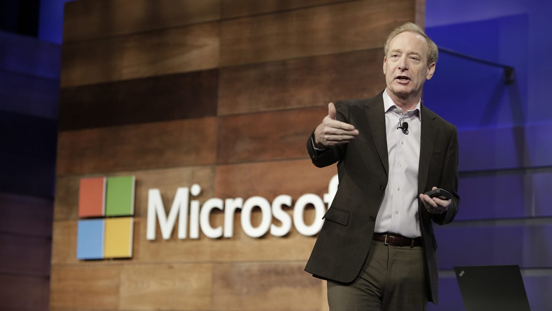 Microsoft President and Chief Legal Officer Brad Smith speaks during the annual Microsoft shareholders meeting in Bellevue, Washington on November 29, 2017.