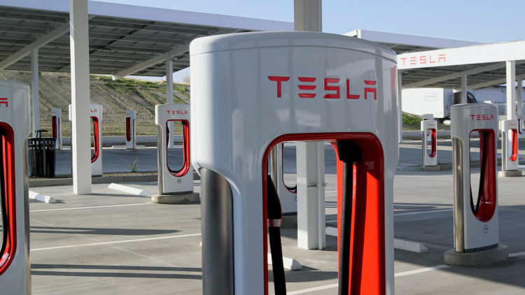 CNBC visits the only Telsa Supercharger station with a lounge