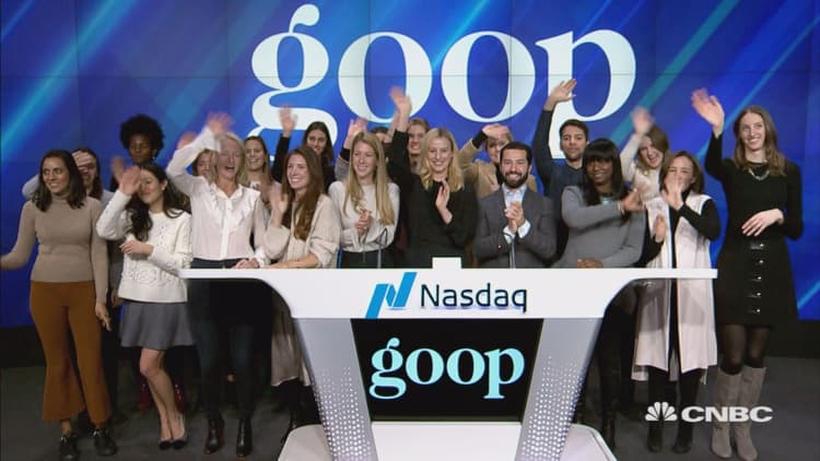 Executives from Gwyneth Paltrow's company Goop ring the closing bell at the Nasdaq MarketSite