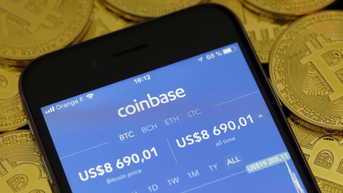 The Coinbase cryptocurrency exchange application seen on the screen of an iPhone.