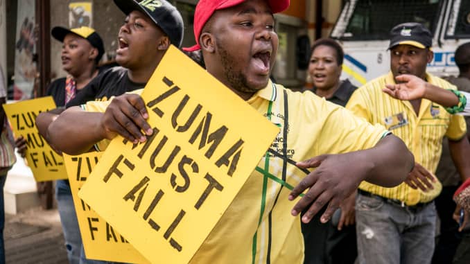 Protesters for the removal from office of former South African President Jacob Zuma in Johannesburg, South Africa, on February 5, 2018.