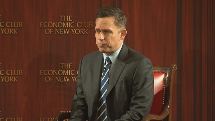 Tech investor Peter Thiel speaks at the New York Economic Club