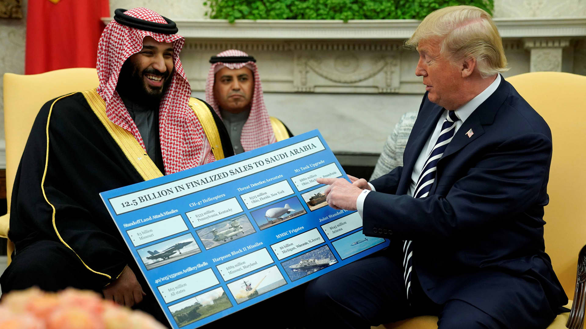 President Donald Trump holds a chart of military hardware sales as he welcomes Saudi Arabia's Crown Prince Mohammed bin Salman in the Oval Office at the White House in Washington, U.S., March 20, 2018.