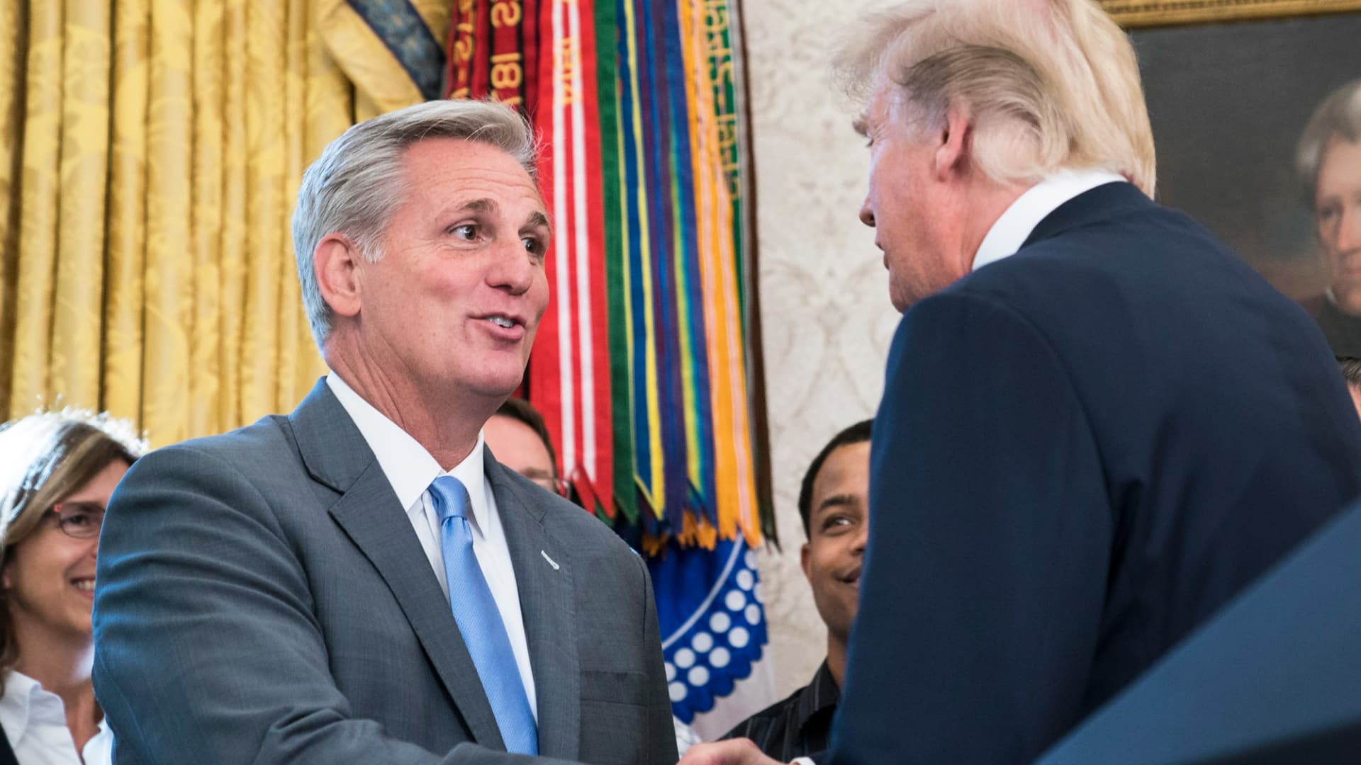 President Donald Trump greets House Majority Leader Kevin McCarthy, R-Calif., as he arrives at an event to announce that Broadcom is moving its global headquarters to the United States, in the Oval Office at the White House in Washington, DC on Thursday, Nov. 02, 2017.