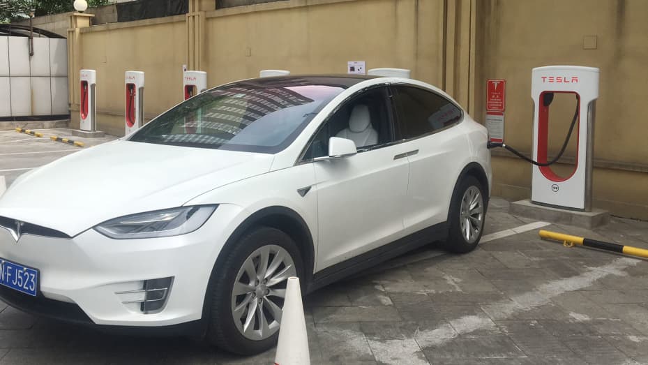 A Tesla Model X at a charging station in Beijing, China.