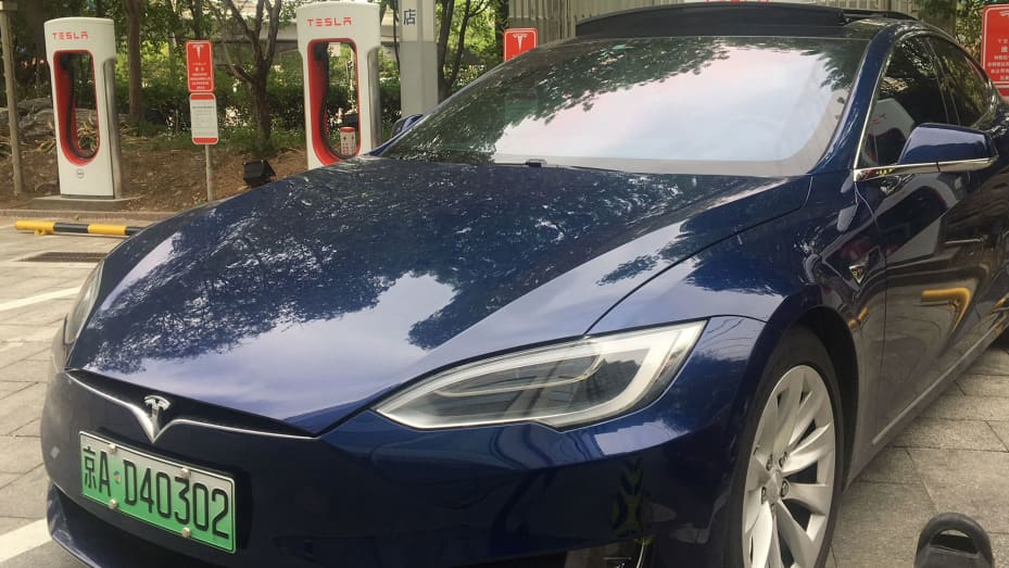 A Tesla Model S at a charging station in Beijing, China.