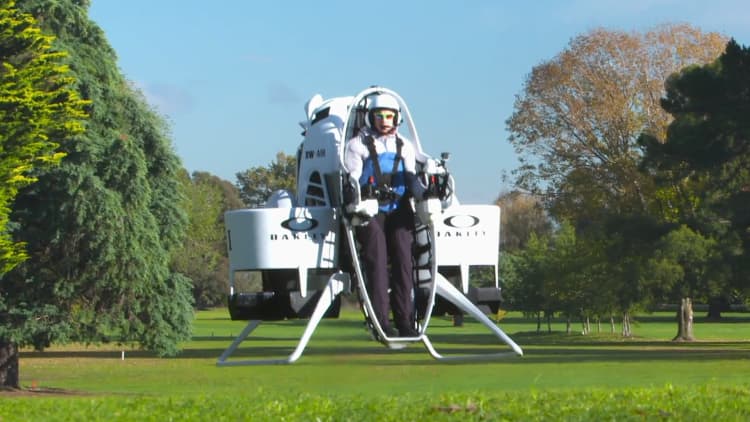 Professional golfer Bubba Watson shows off his golf cart jetpack