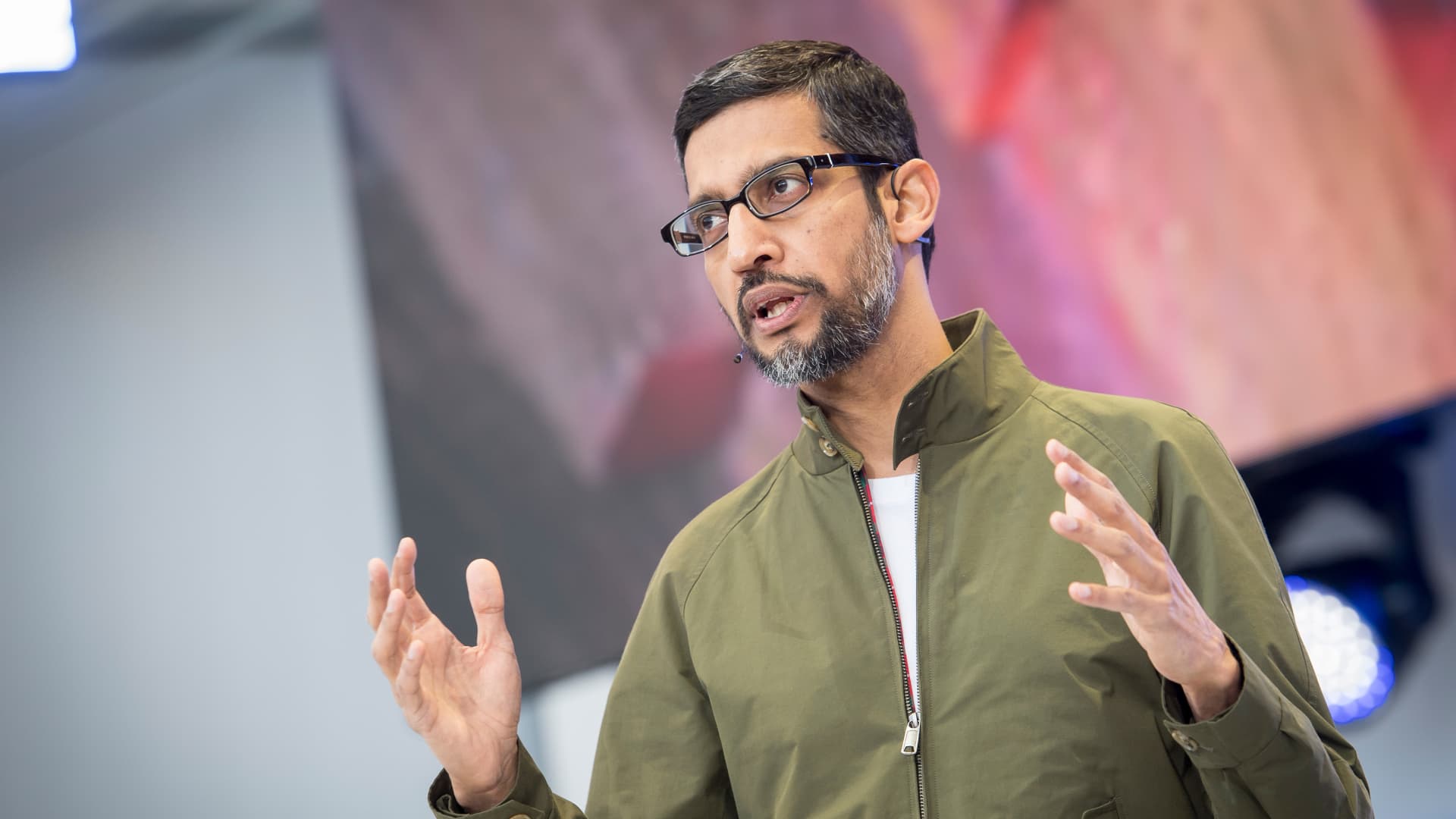 Sundar Pichai, chief executive officer of Google Inc., speaks during the Google I/O Developers Conference in Mountain View, California, U.S., on Tuesday, May 8, 2018.