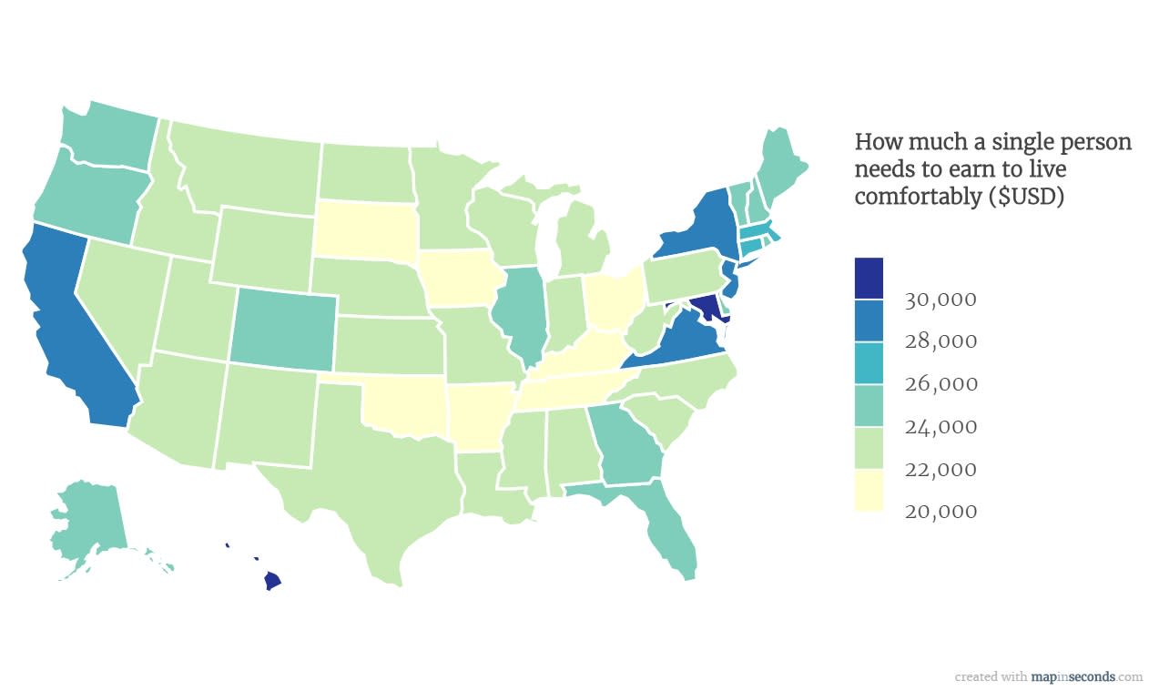 This map shows the living wage for a single person across America