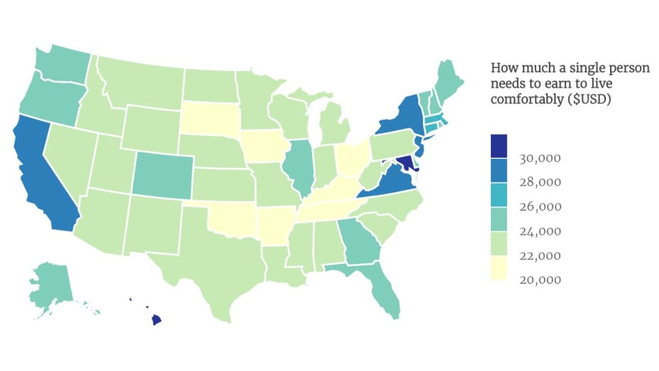 This Map Shows The Living Wage For A Single Person Across America