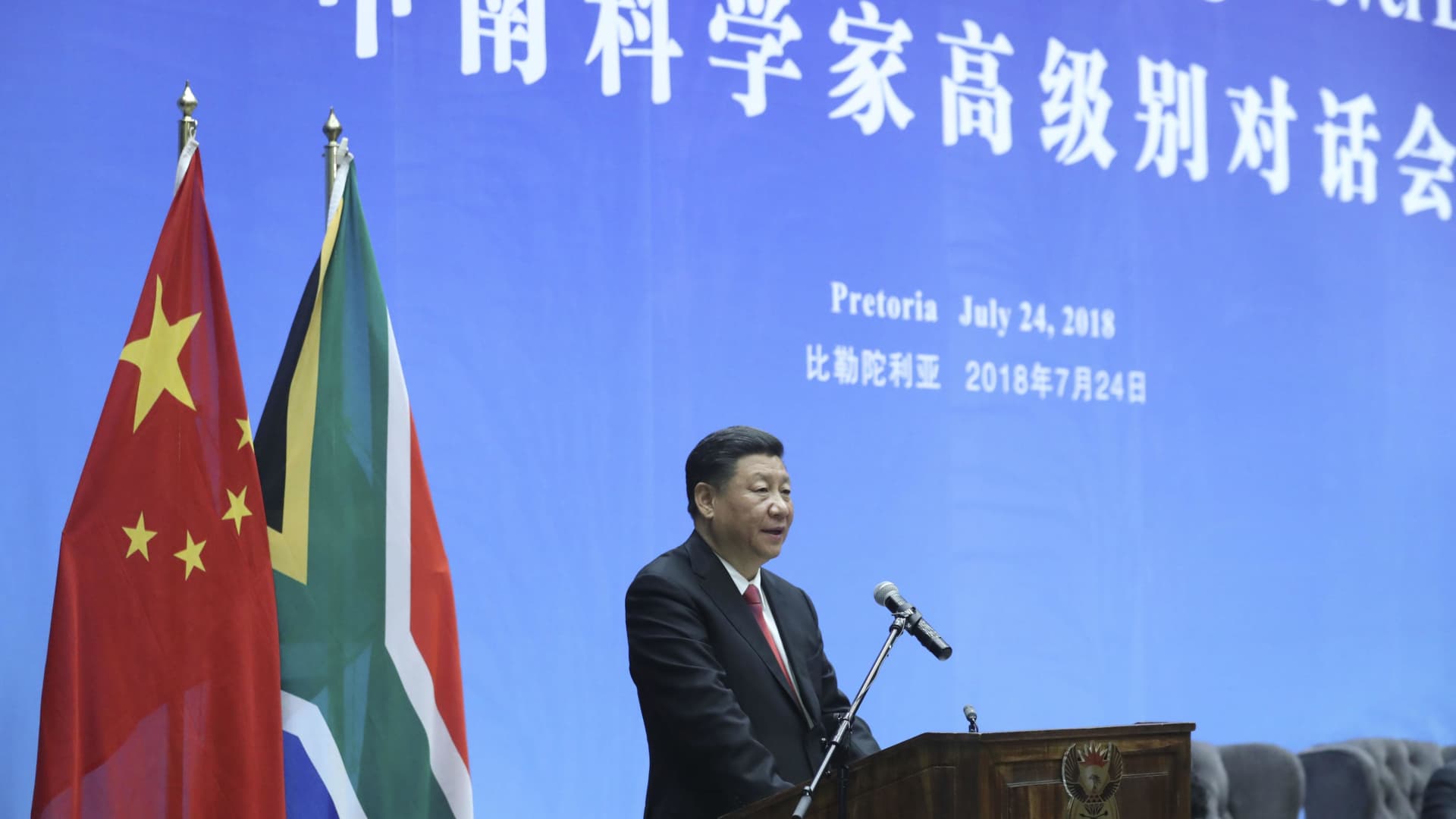 Chinese President Xi Jinping and South African President Cyril Ramaphosa (not pictured) deliver a speech at the opening ceremony of South Africa-China Scientists High Level Dialogue between the two countries' scientists on July 24, 2018, in Pretoria, South Africa.