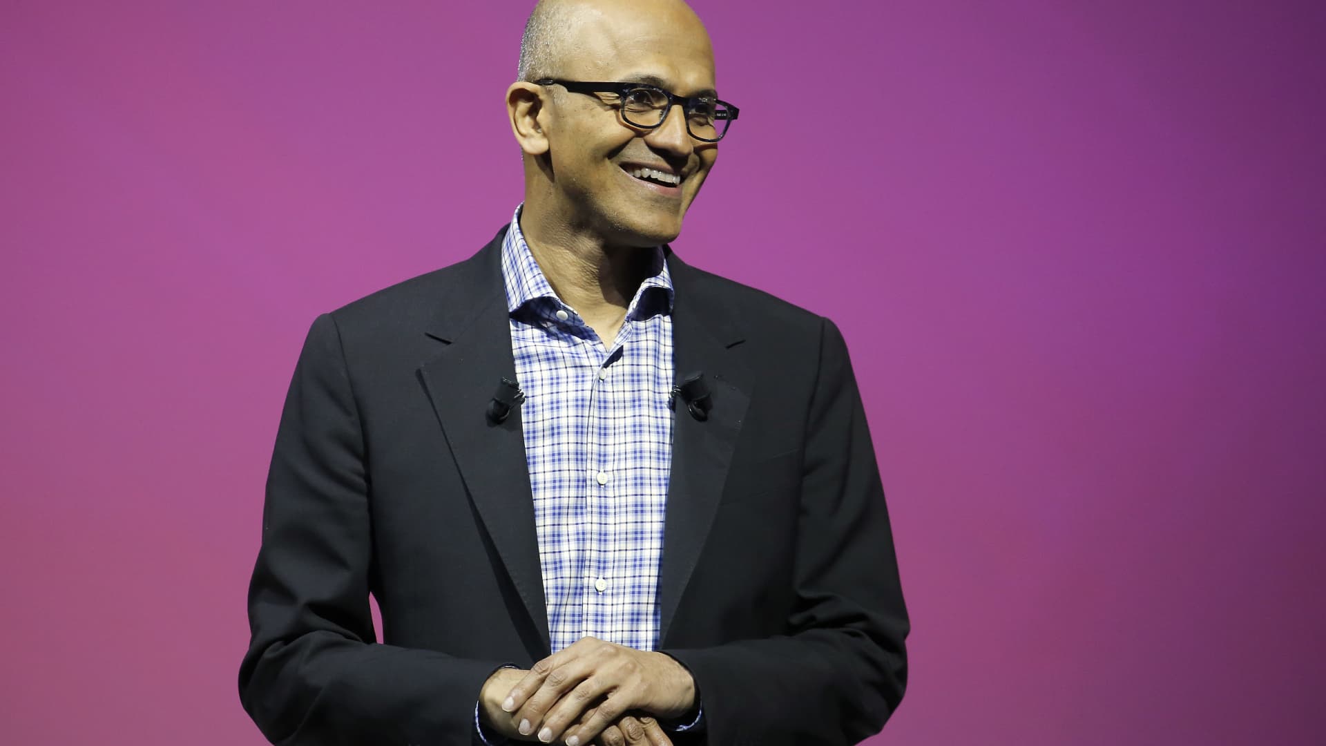 Microsoft's CEO Satya Nadella speaks to participants during the Viva Technologie show at Parc des Expositions Porte de Versailles on May 24, 2018, in Paris.