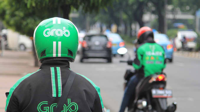 Indonesia Grab bike riders waiting for passengers in Jakarta.