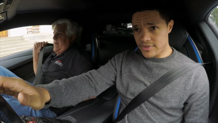 Trevor Noah and Jay Leno take a ride in a $520,000 Lamborghini with a top speed of 217 mph