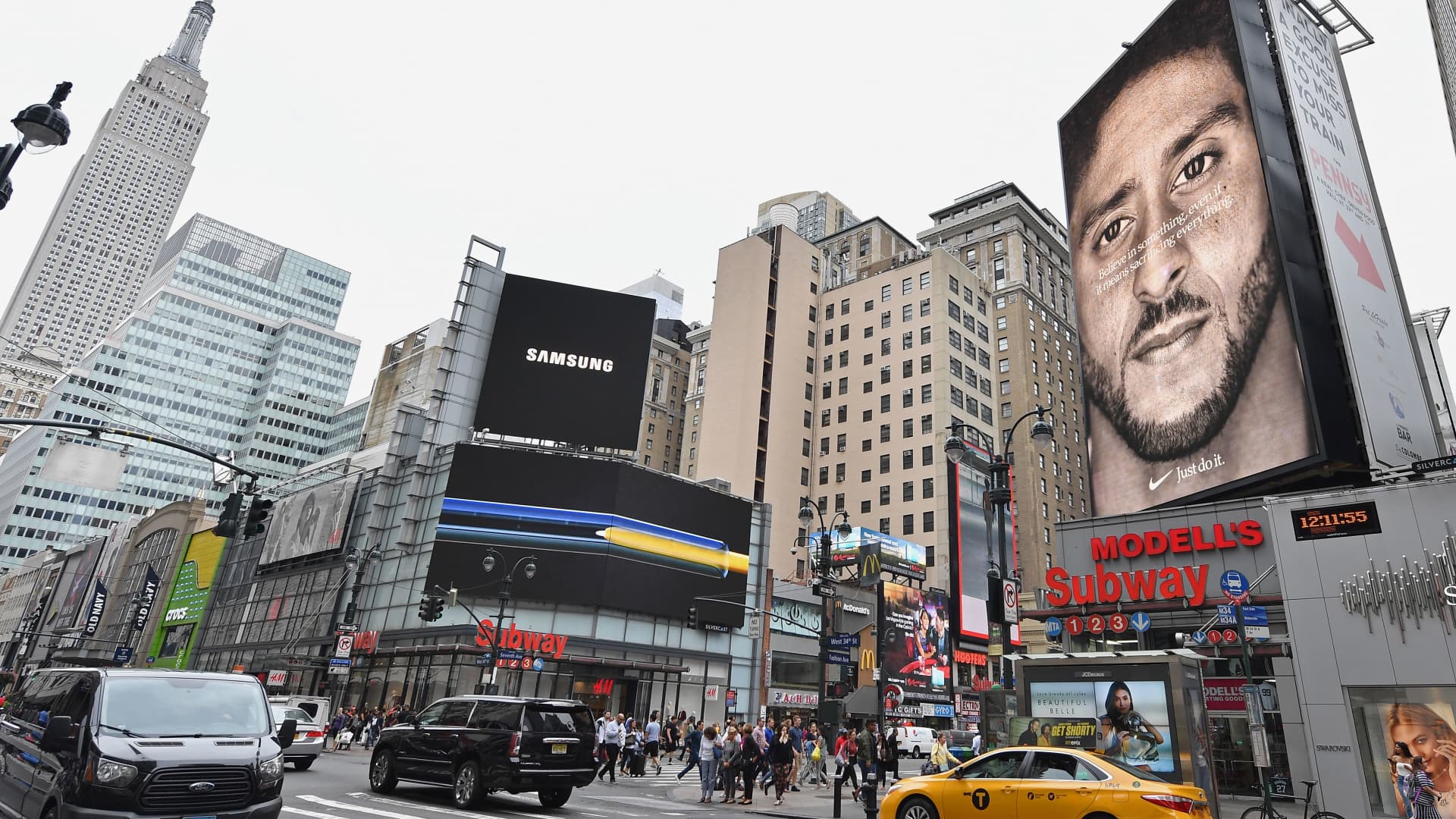 A Nike Ad featuring football player Colin Kaepernick is on display September 8, 2018 in New York City.