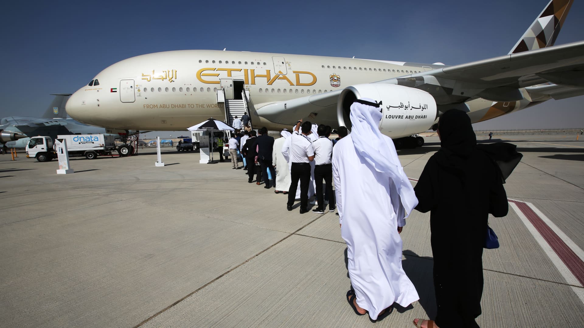 An Airbus A380-800 jet airliner operated by Etihad Airways, on display at the Dubai Airshow 2017 international aerospace event. 