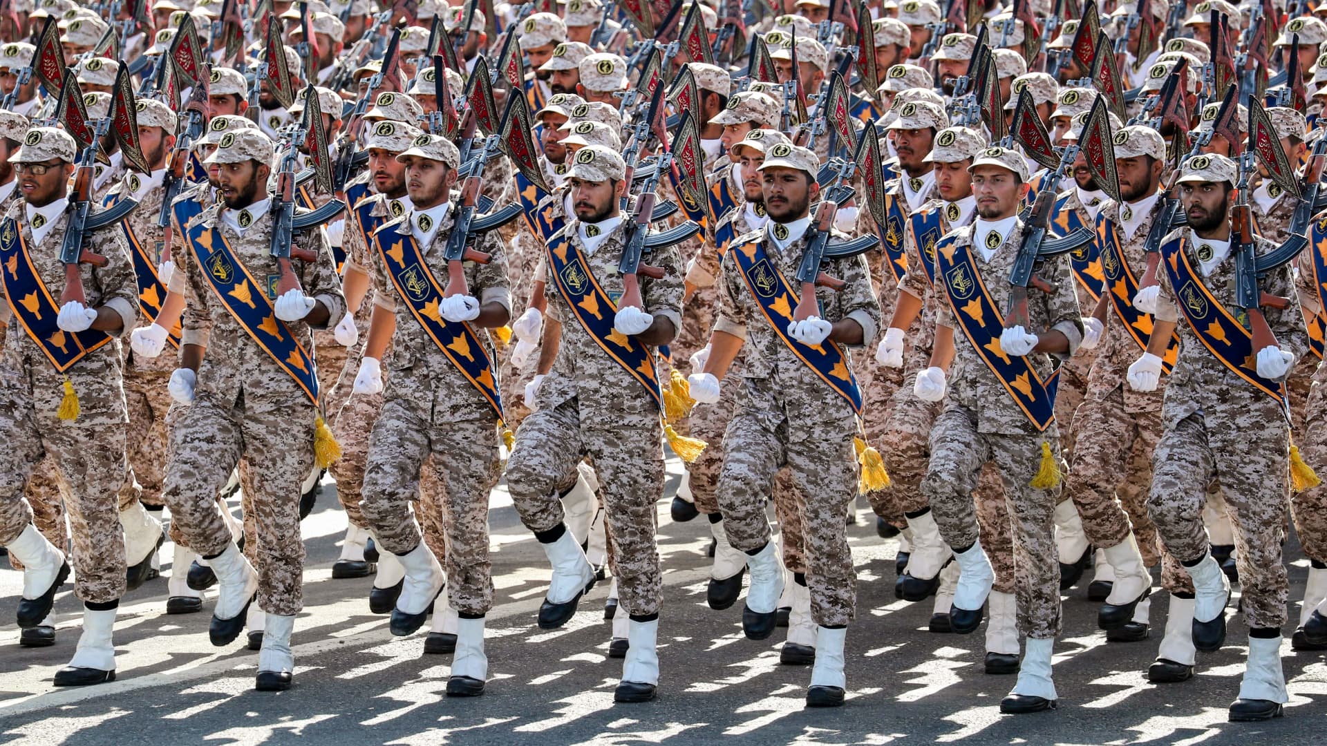 Members of Iran's Revolutionary Guards Corps (IRGC) march during the annual military parade In Iran's southwestern city of Ahvaz before the attack.
