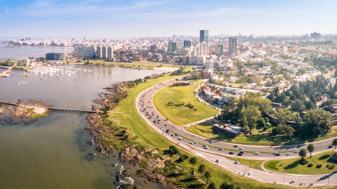 Aerial view, of Montevideo's coastline, Puertito del Buceo, Pocitos neighborhood, Uruguay.