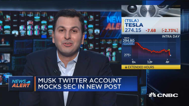 Tesla falls on new post from Elon Musk's Twitter account mocking the SEC
