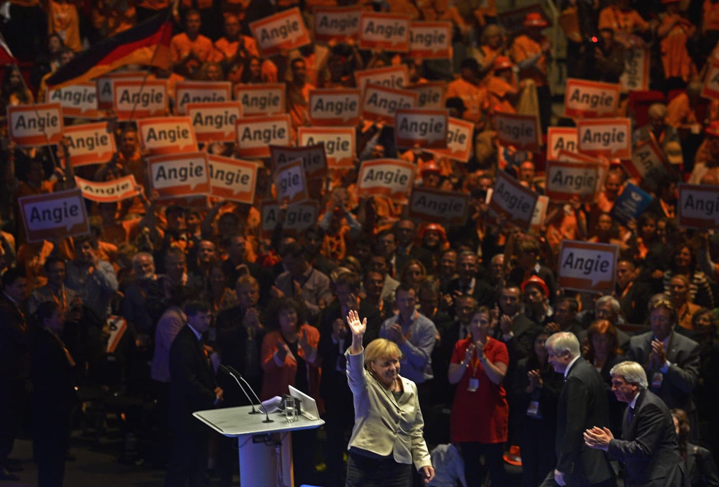 German Chancellor Angela Merkel waves at the first election campaign rally in the final phase of campaigning on September 8, 2013 - when Merkel and the CDU had a strong lead in polls over the opposition. 