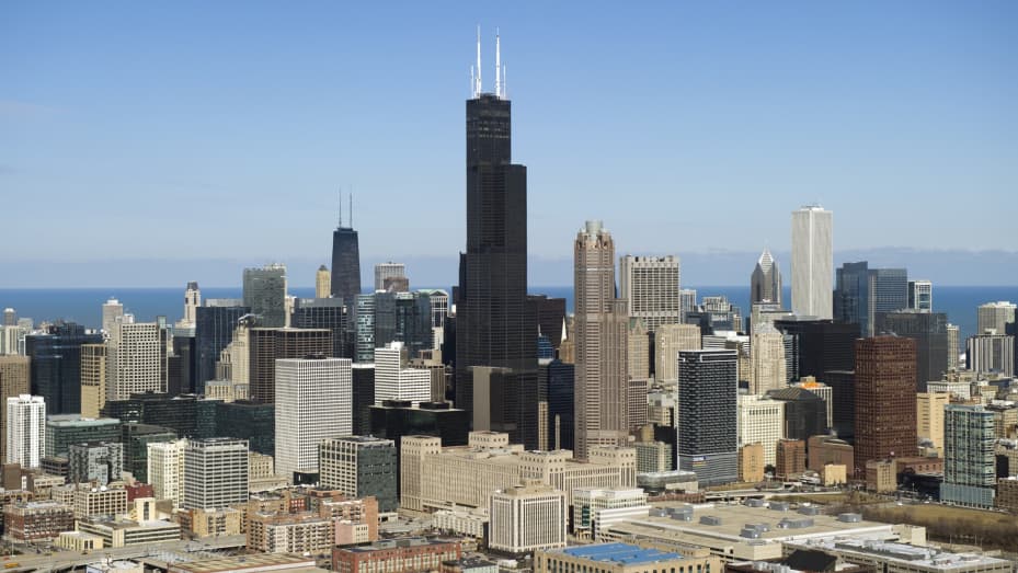 The Chicago, Illinois, downtown skyline including the Willis Tower, formerly known as the Sears Tower, is seen from the air, February 15, 2013. 