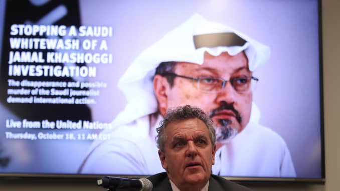 Robert Mahoney, Deputy Executive for the Committee to Protect Journalists, speaks during a news conference to issue an appeal to the UN on the disappearance of Saudi journalist Jamal Khashoggi at the United Nations in New York, U.S., October 18, 2018.