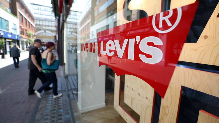 A Levi's logo on the window of a Levi Strauss & Co. store in London.