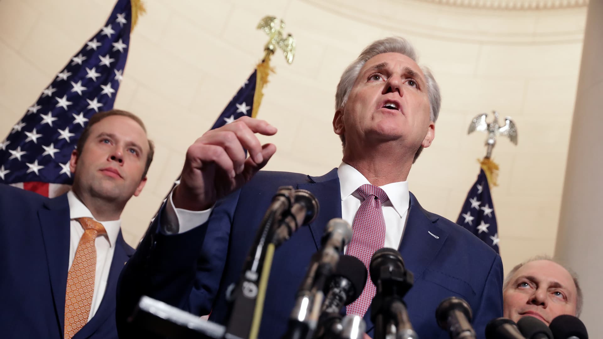 House Majority Leader Kevin McCarthy (R-CA) talks to reporters following his election to House minority leader for the next Congress with Rep. Jason Smith (R-MO) (L) and House Majority Whip Steve Scalise (R-LA) in the Longworth House Office Building on Capitol Hill November 14, 2018 in Washington, DC. 