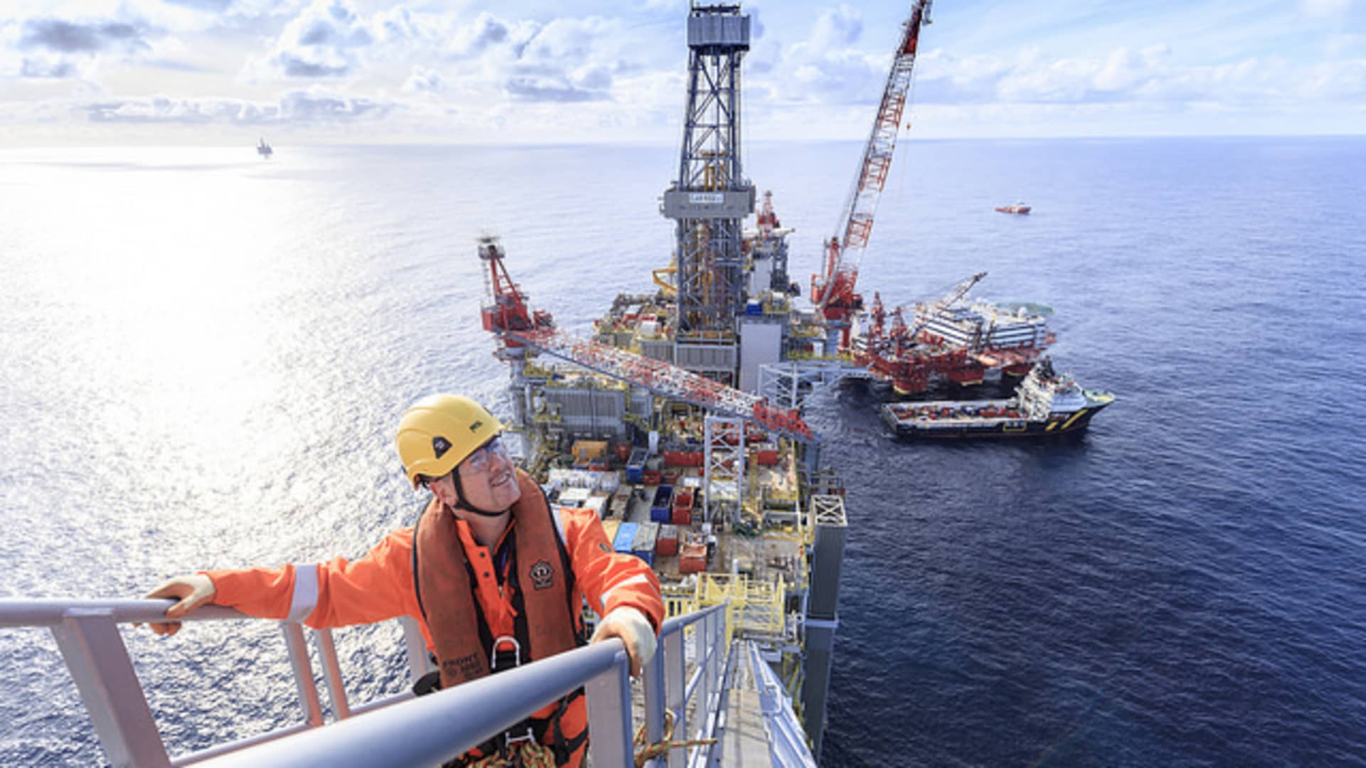 A worker on the Clair Ridge platform, situated off Scotland's coast in the North Sea.