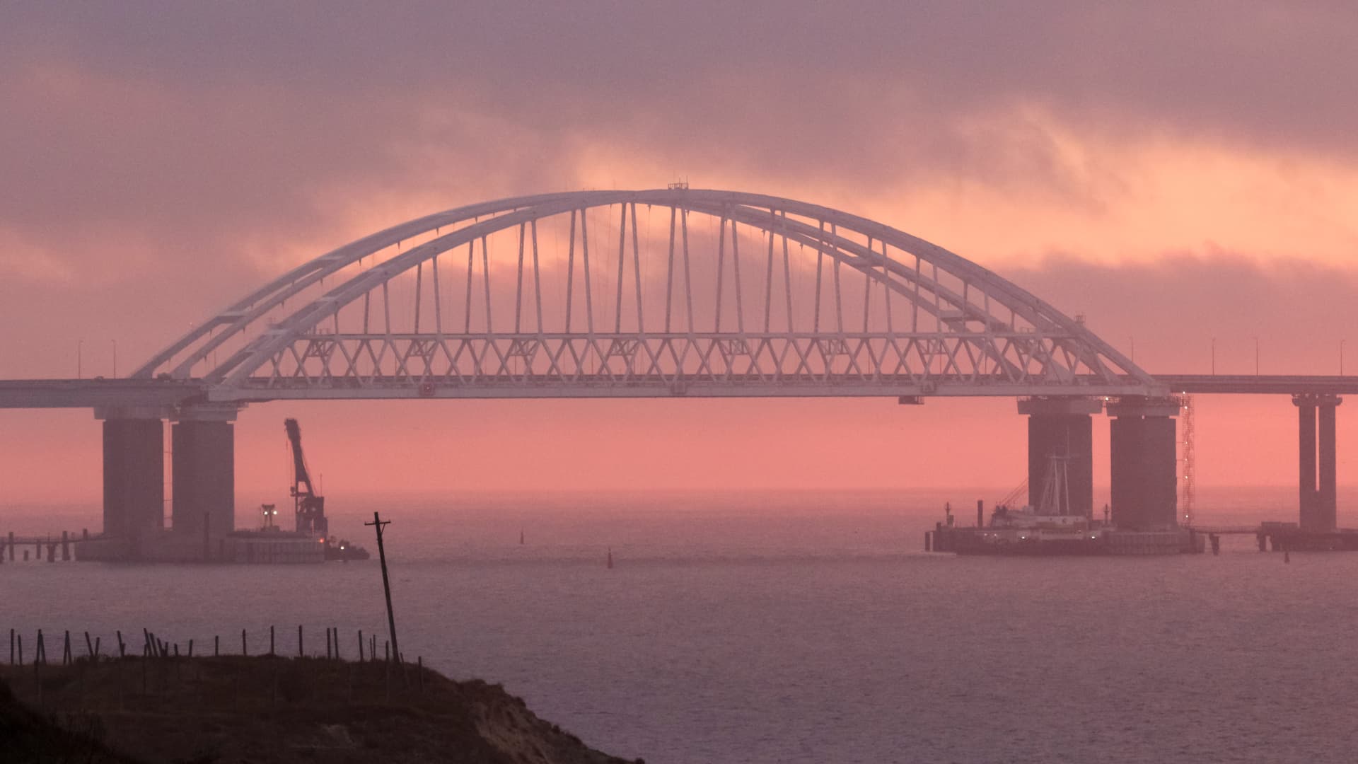 A road-and-rail bridge constructed to connect the Russian mainland with the Crimean peninsula, seen here in 2018.