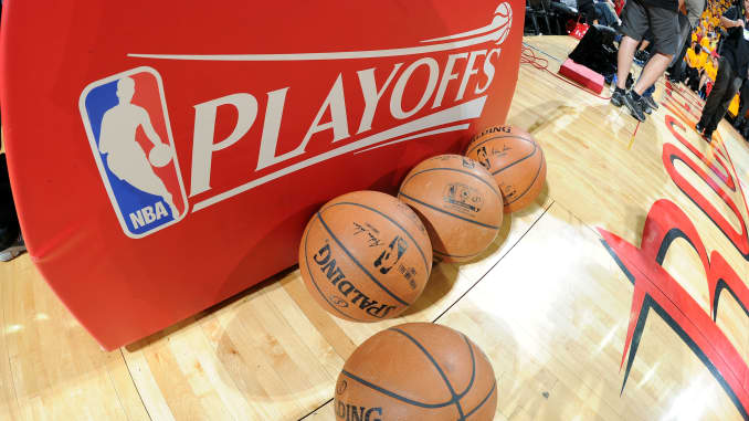 The NBA Playoffs logo and Official Spalding Balls before a game.