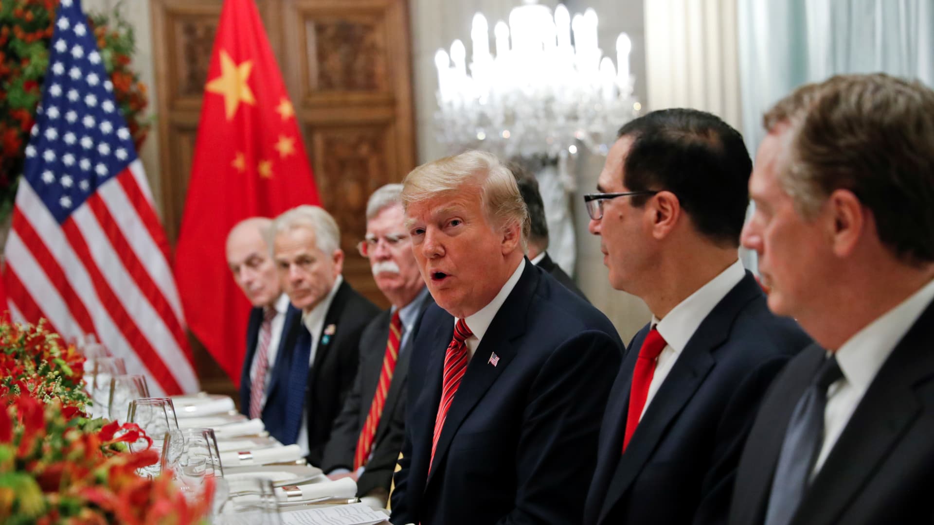 President Donald Trump, U.S. President Donald Trump's national security adviser John Bolton, U.S. Treasury Secretary Steven Mnuchin attend a working dinner with Chinese President Xi Jinping after the G20 leaders summit in Buenos Aires, Argentina December 1, 2018. 