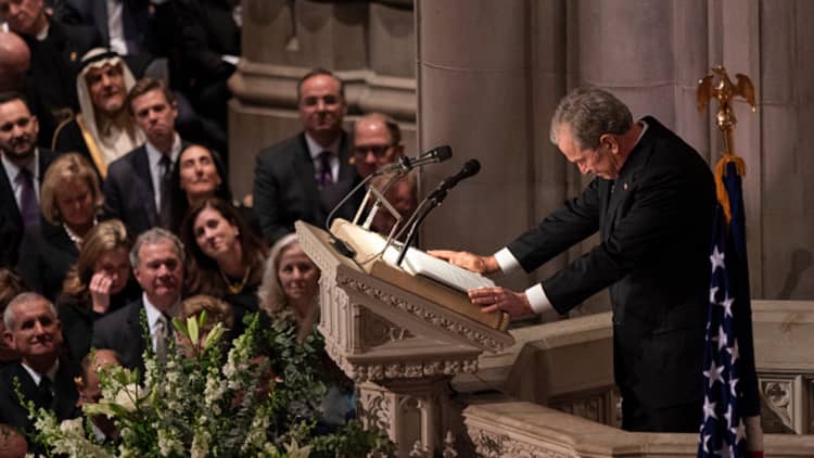 President George W Bush eulogizes his late father, President George H.W. Bush