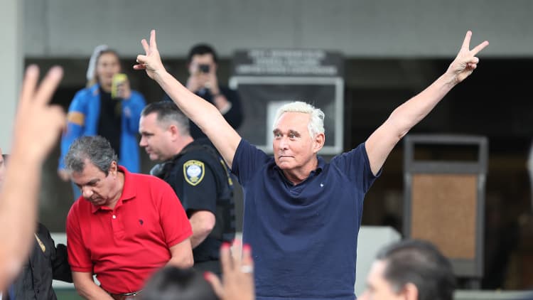 Indicted Trump associate Roger Stone speaks after making court appearance