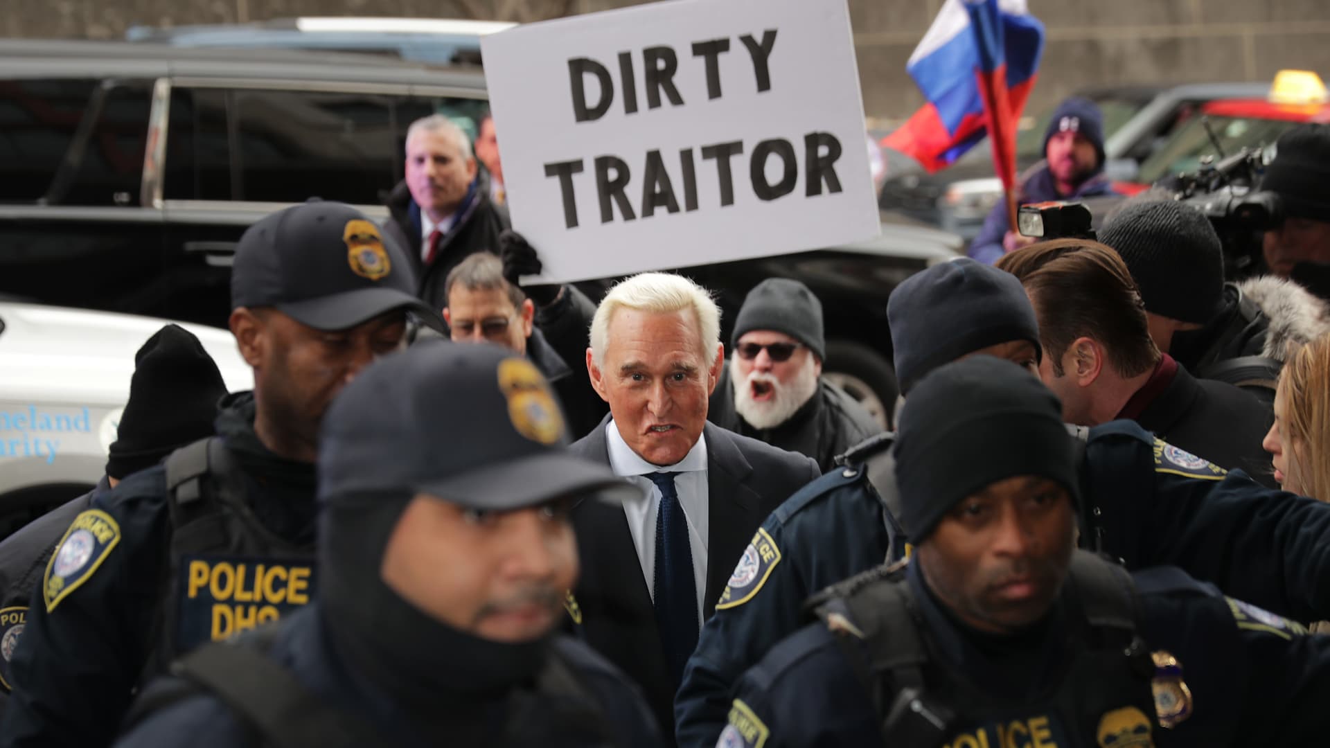 Roger Stone, a longtime adviser to President Donald Trump, arrives at the Prettyman United States Courthouse before facing charges from Special Counsel Robert Mueller that he lied to Congress and engaged in witness tampering January 29, 2019 in Washington, DC. A self-described 'political dirty-trickster,' Stone said he has been falsely accused and will plead 'not guilty.'