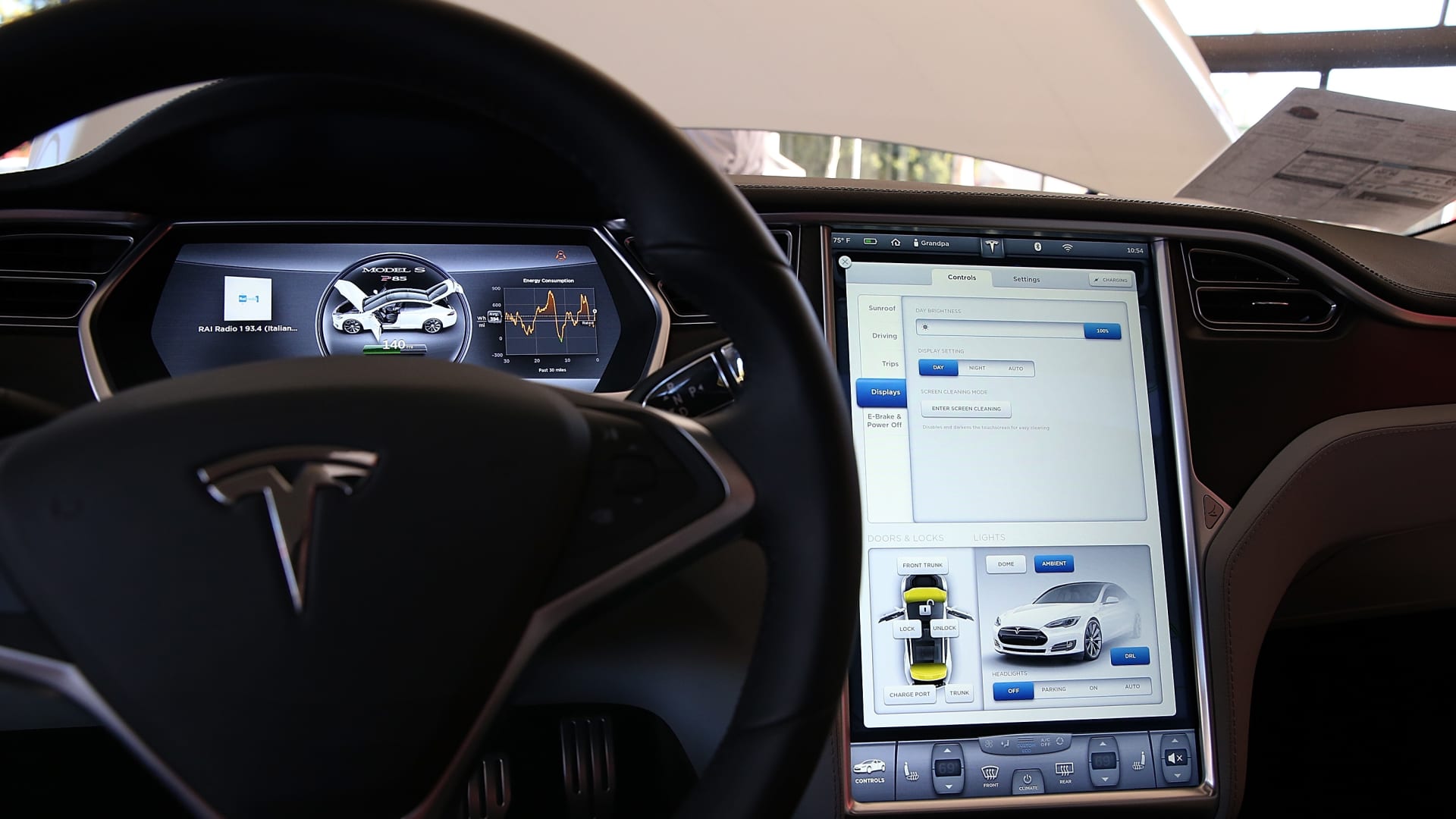 A view of the dashboard in a new Tesla Model S car at a Tesla showroom on November 5, 2013 in Palo Alto, California.