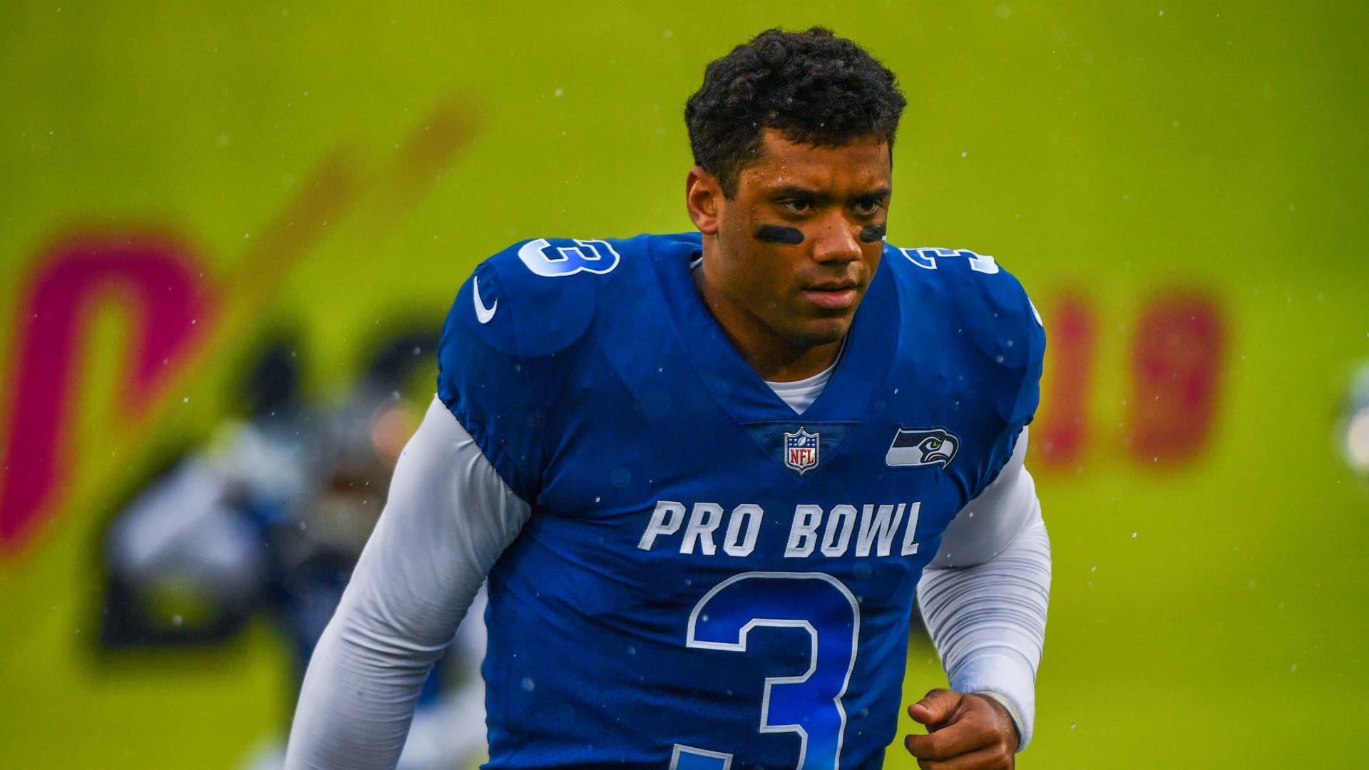 Russell Wilson #3 of the Seattle Seahawks at the 2019 NFL Pro Bowl