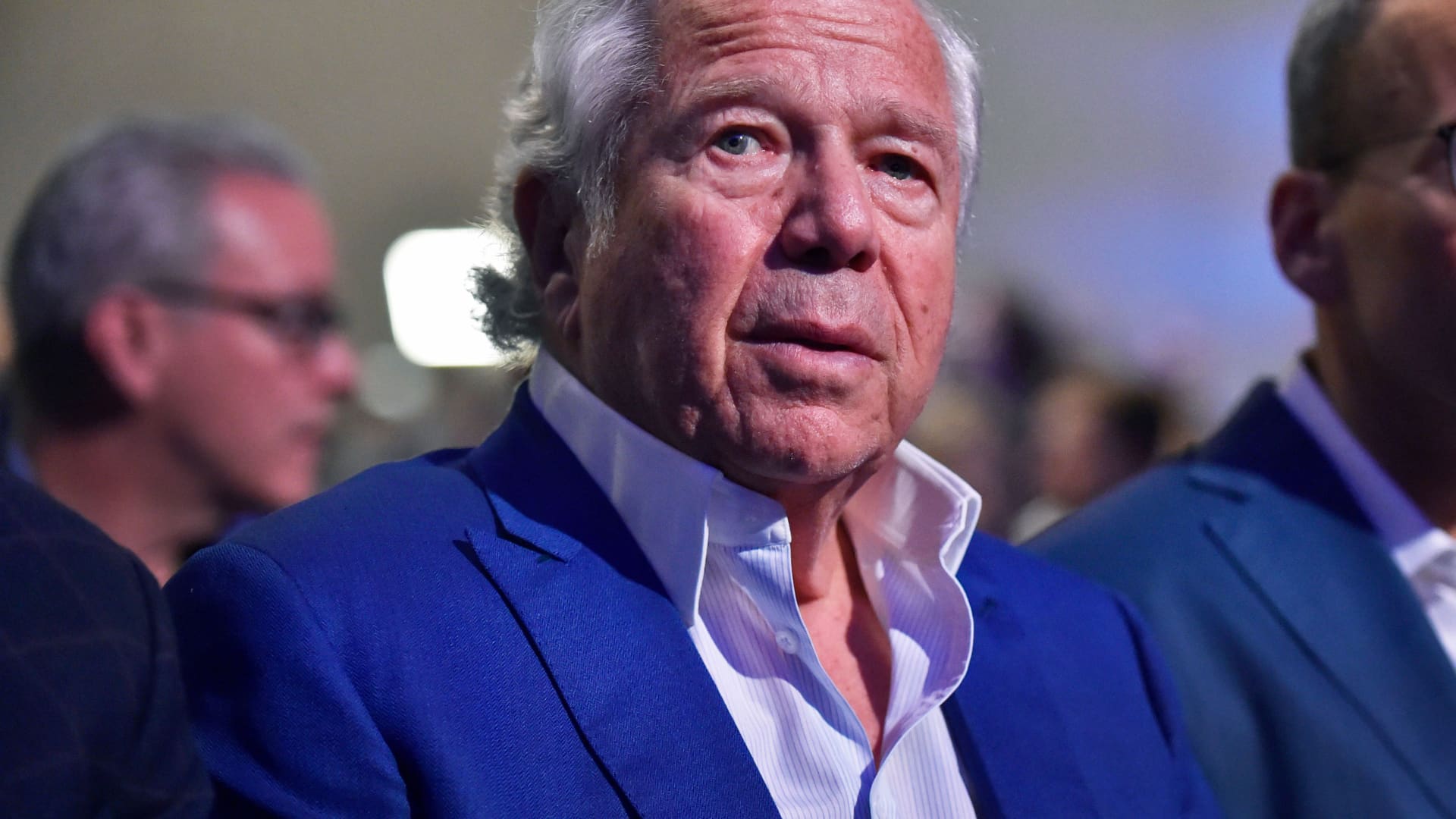 New England Patriots owner Robert Kraft listens to NFL Commissioner Roger Goodell speak to the media over various topics in the league leading up to Super Bowl LIII at the Georgia World Congress Center on January 30, 2019, in Atlanta, GA.