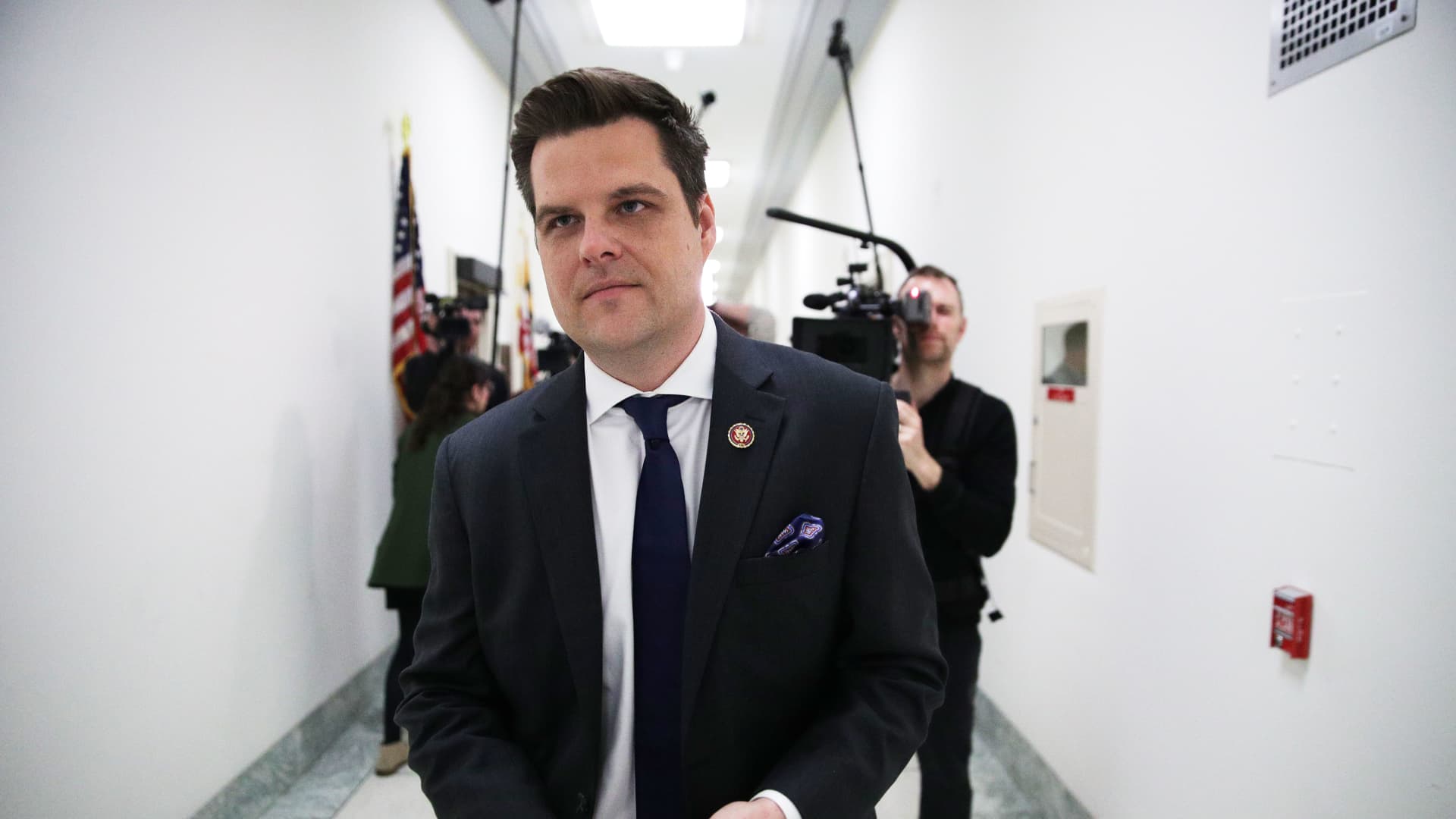 Rep. Matt Gaetz (R-FL) speaks to members of the media outside the hearing of Michael Cohen February 27, 2019 on Capitol Hill in Washington, DC.