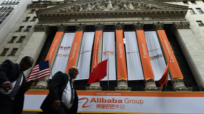 The New York Stock Exchange building is seen adorned with banners on September 19, 2014 as Chinese giant Alibaba makes its Wall Street debut.
