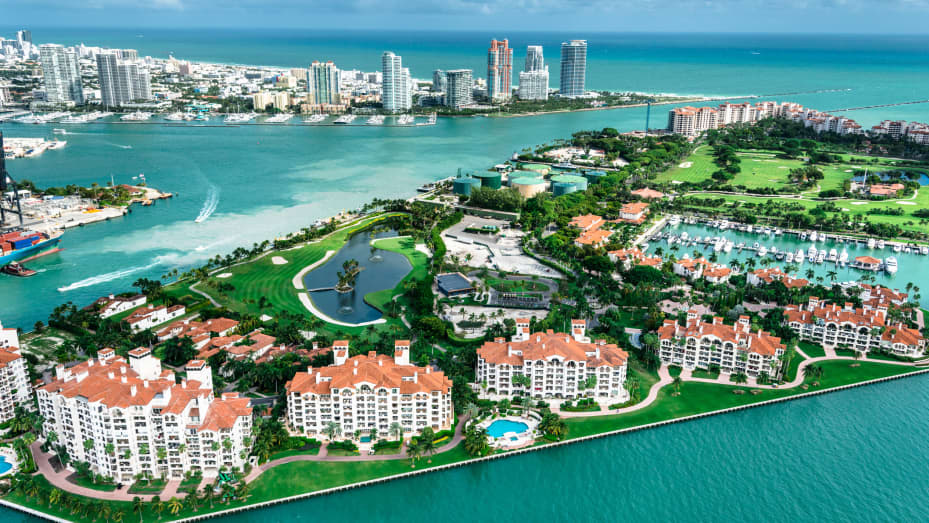 Miami's Fisher Island, where the median home sale price in 2021 was $4,475,000.