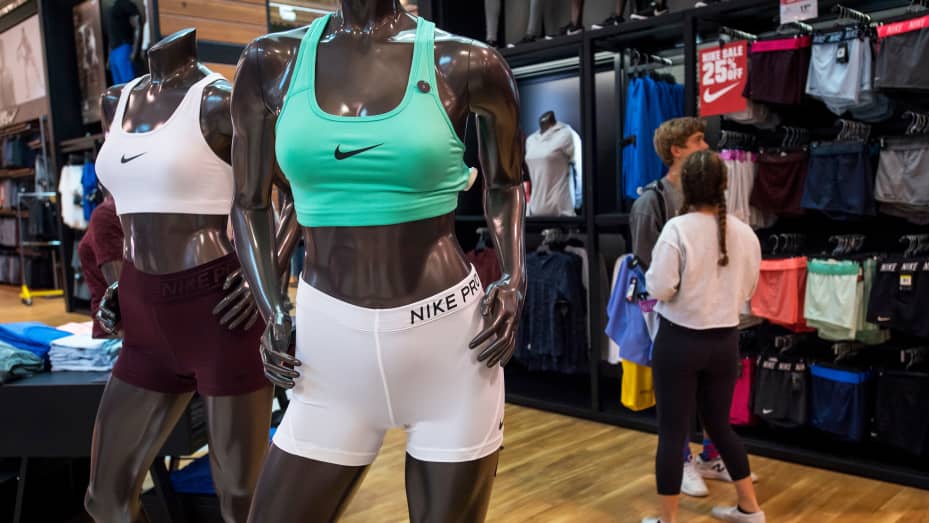 Nike athletic wear is seen on mannequins displayed at a Dick's Sporting Goods store in Daly City, California.
