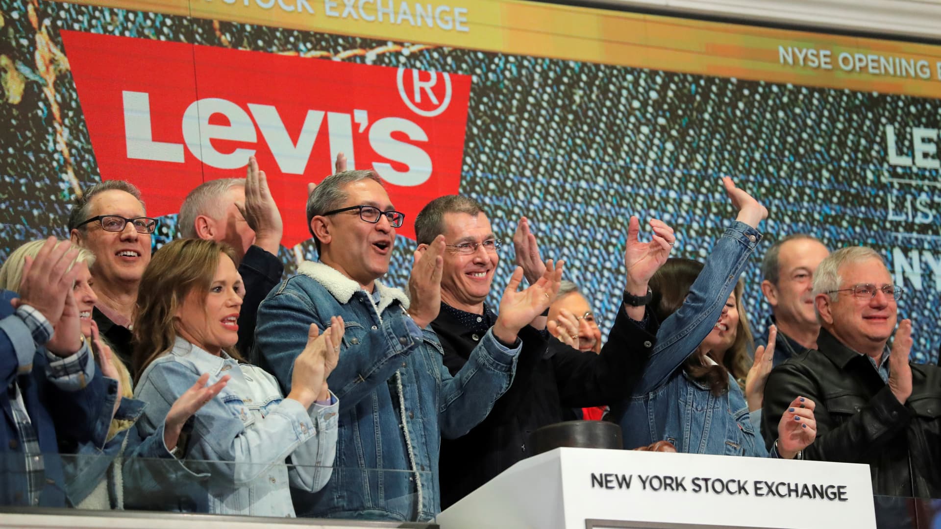 Levi Strauss & Co. CEO Chip Bergh rings the opening bell on New York Stock Exchange (NYSE) during the company's IPO in New York, U.S., March 21, 2019.